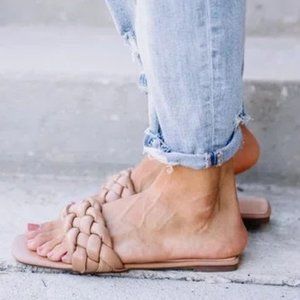 NEW Camel Tan Puffy Braided Faux Leather Square Toe Slip Slide On Flat Sandals